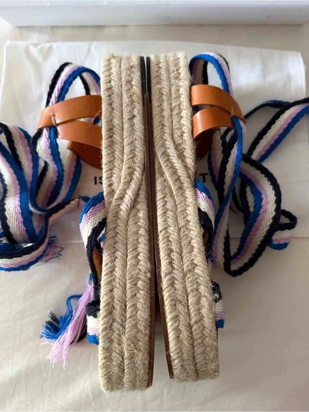 Isabel Marant Blue, Pink & White Striped Espadrille Wedge Sandals